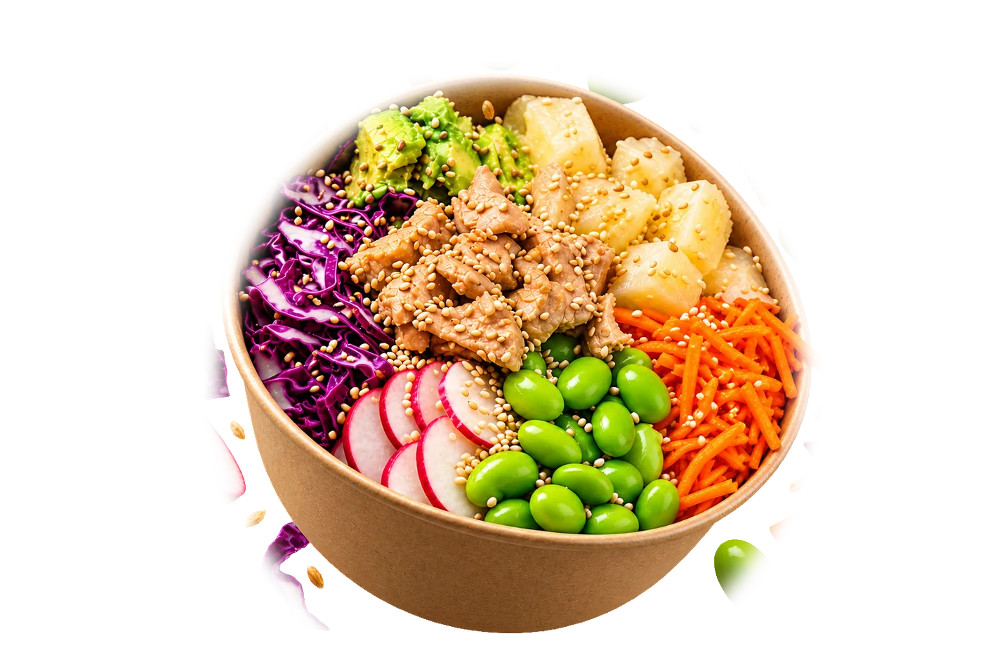 Bowl poulet : poulet au sésame, ananas, avocat, radis, chou rouge, edamame