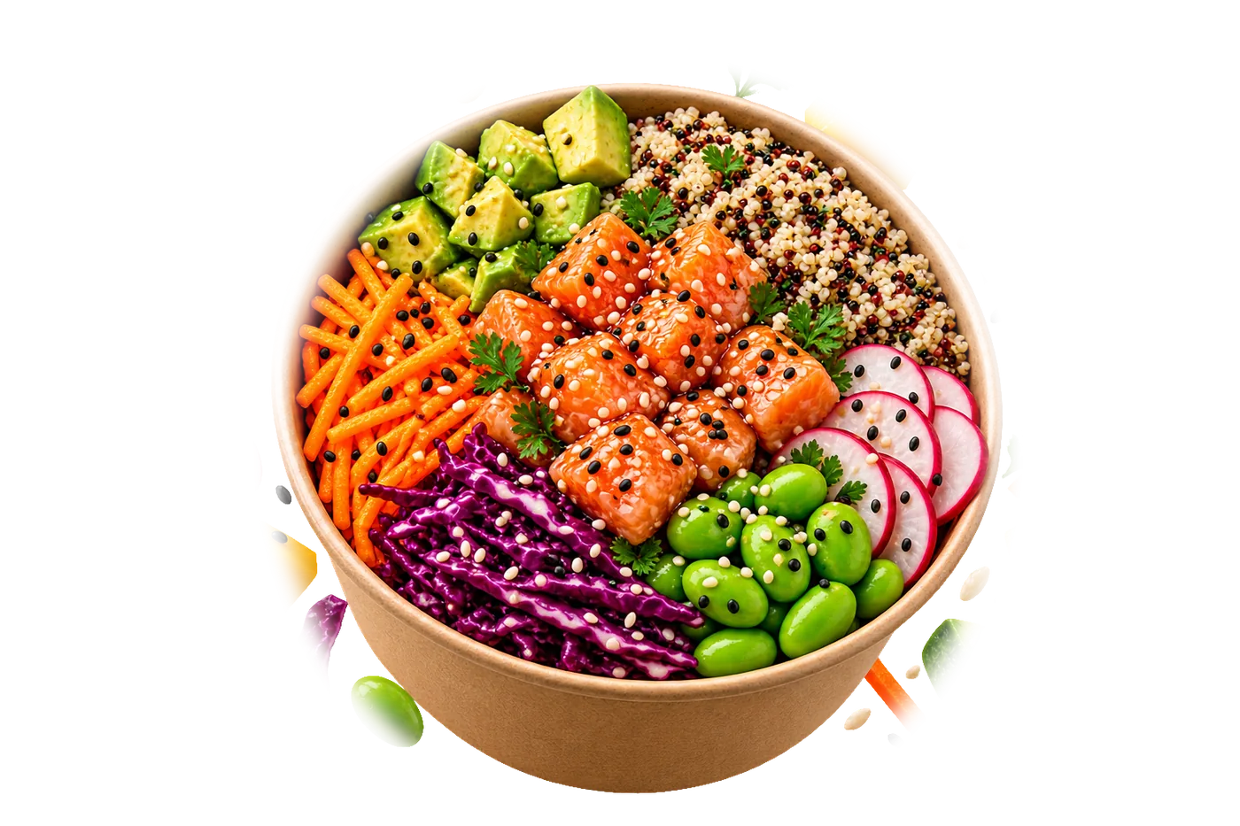 Bowl base quinoa : quinoa, saumon mariné, mangue, avocat, radis, edamame