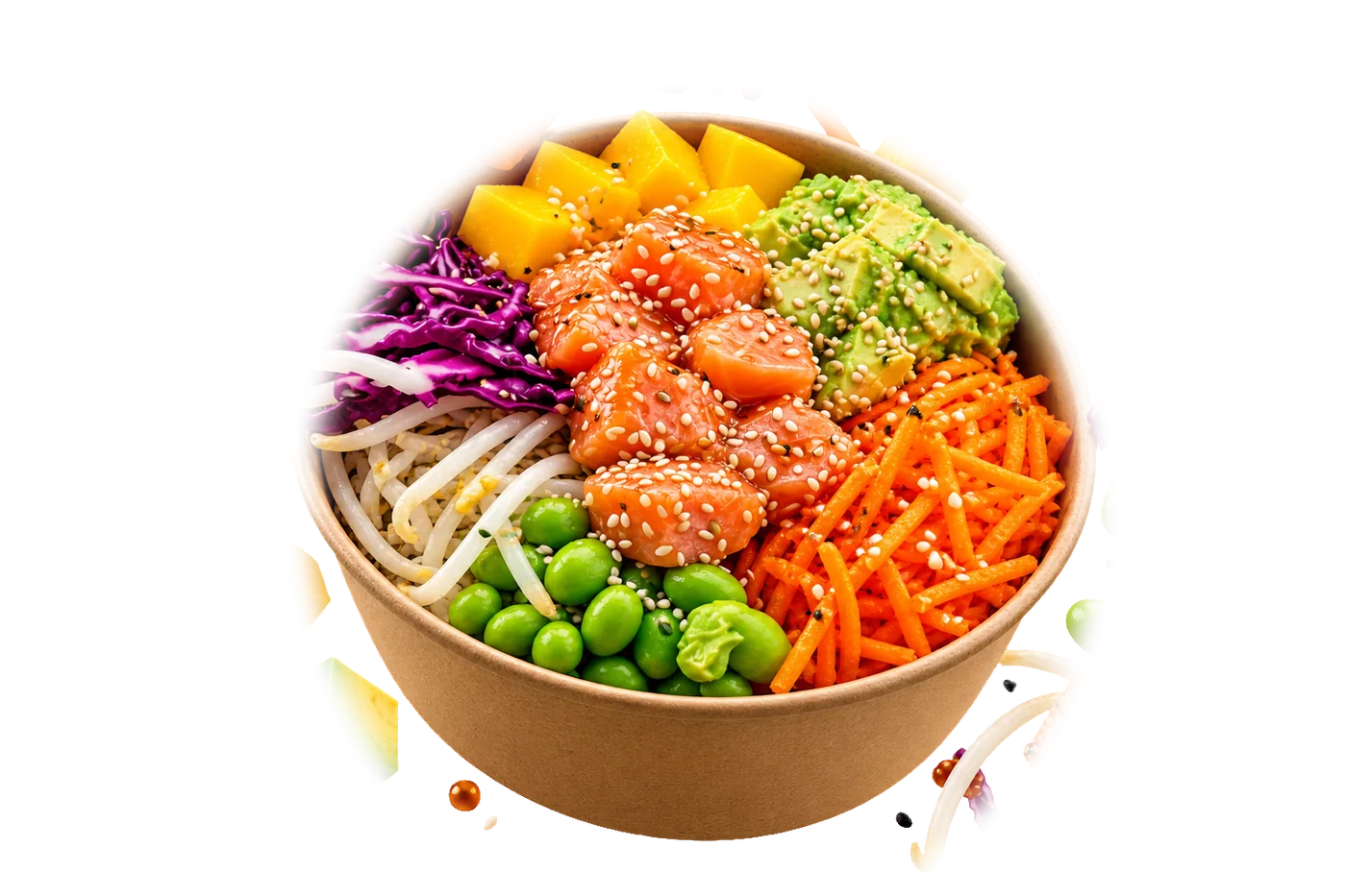 Bowl saumon : saumon mariné, mangue, avocat, chou rouge, carotte, edamame