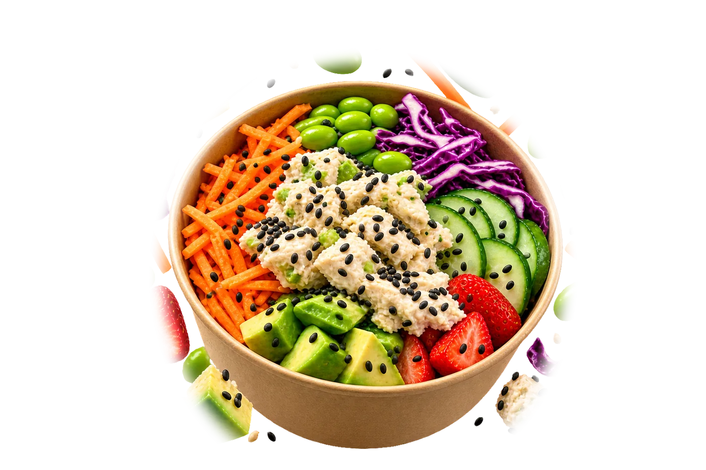 Bowl tofu : tofu au sésame, fraises, concombre, avocat, chou rouge, edamame