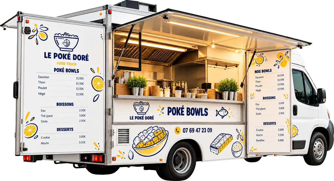 Le food truck Le Poké Doré, auvent ouvert, avec le menu peint sur les côtés