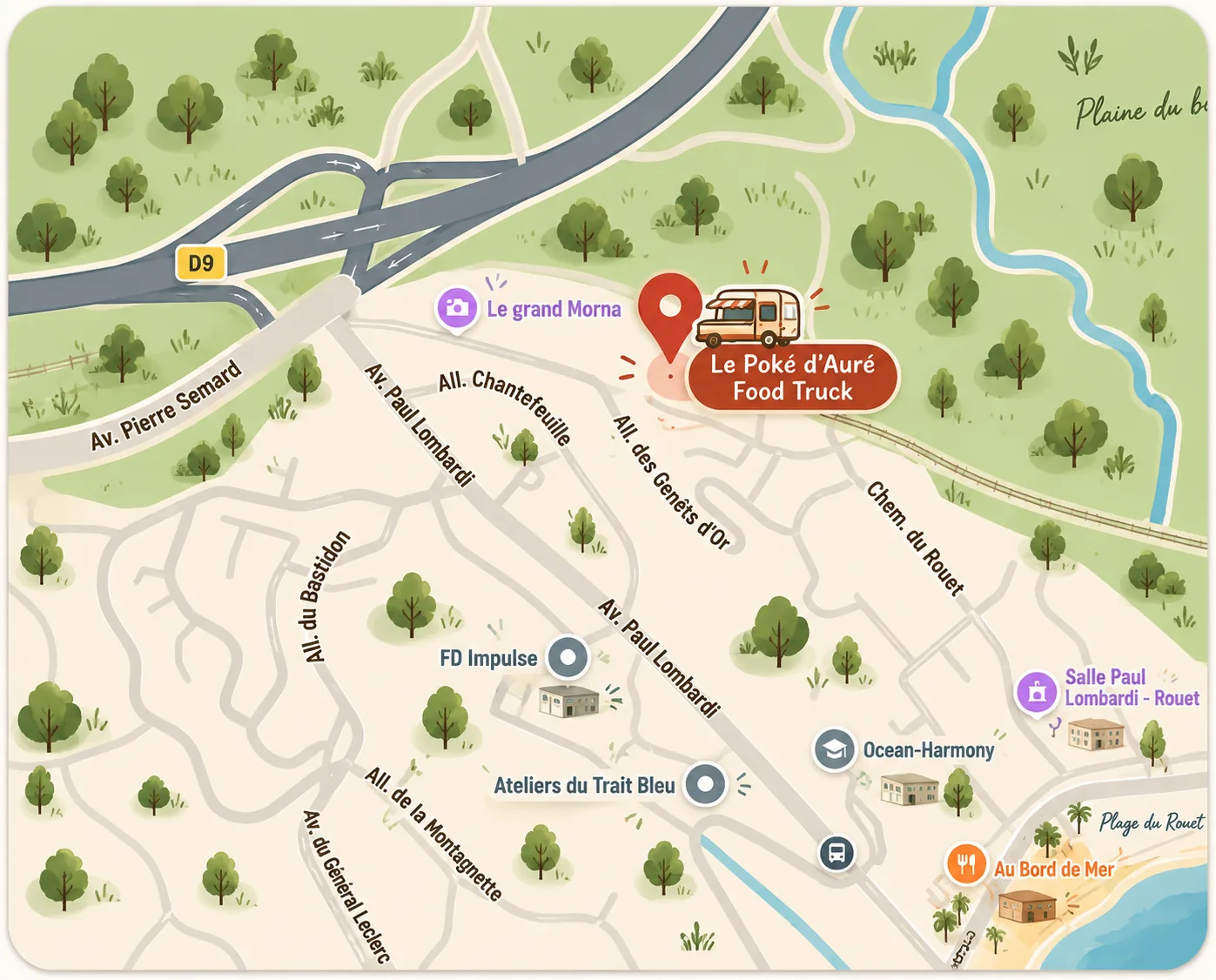 Plan du quartier avec l'emplacement du food truck Le Poké Doré