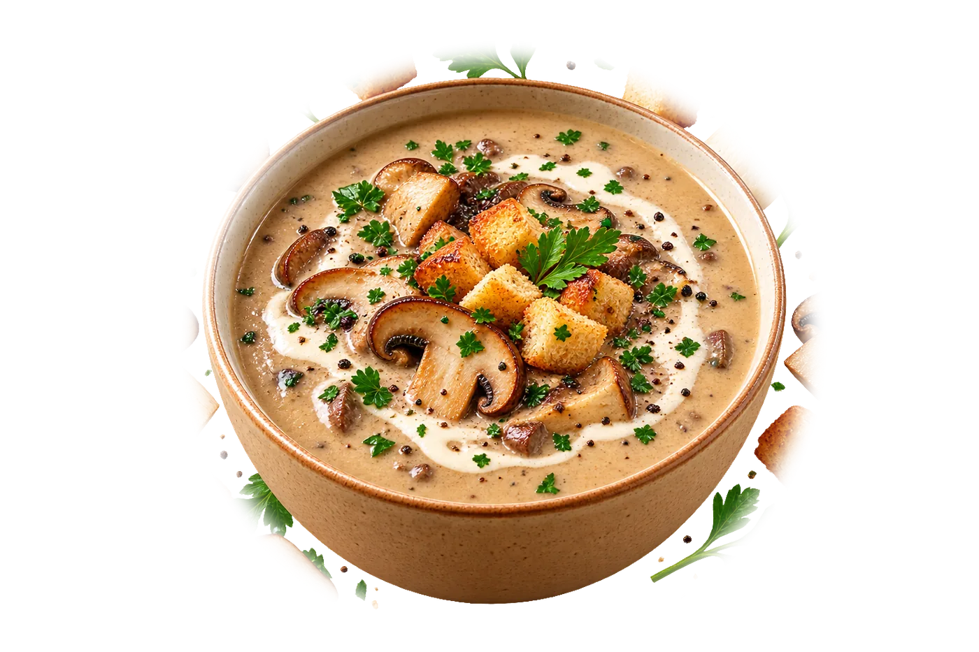 Soupe aux champignons : velouté de champignons, croûtons dorés, persil