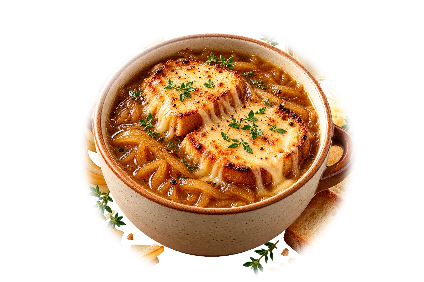 Soupe à l'oignon gratinée : oignons caramélisés, croûtons, fromage fondu