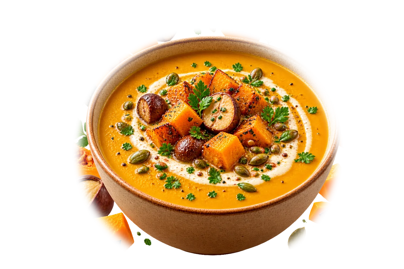 Soupe au potiron : velouté de potiron, châtaignes, graines de courge